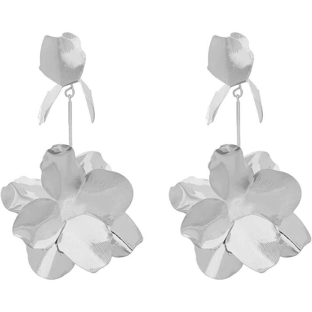 Women's Silver Flower Bud Floral Petal Boho Bud Dangle Drop Long Earring